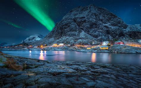 Lofoten Norway Polar Night Green Light Star Sky Night Landscape Desktop