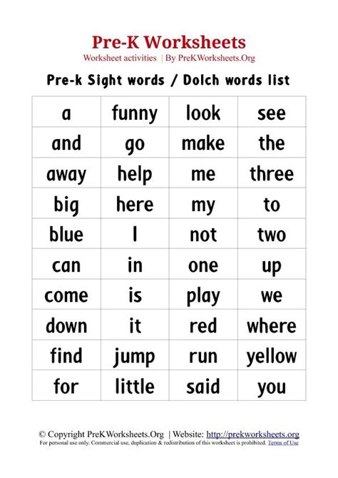 Childrens Pre K Sight Words Dolch Words List Pdf Chart Templates Descrip Pre K Sight