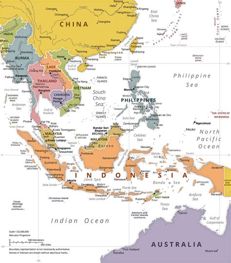 Kort over Southeast Political Asia Map ǀ Bykort og verdenskort plakater på væggen