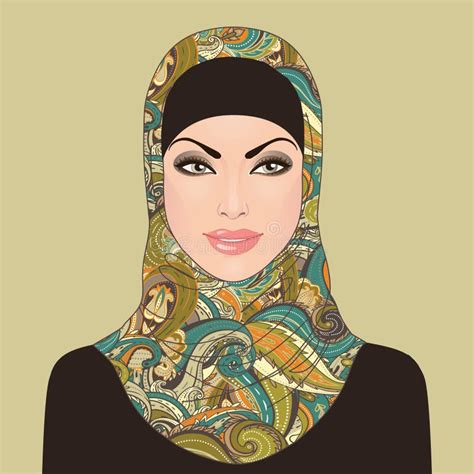 Portrait Of Muslim Beautiful Girl In Patterned Hijab Stock Illustration