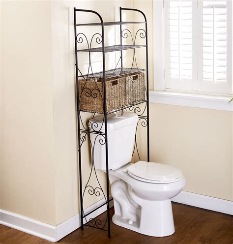 Over The Toilet Space Saving Rack With Shelves And Wicker Baskets
