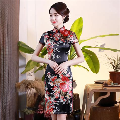 print flower cheongsam classic women satin vestidos slim short sleeve evening dress traditional
