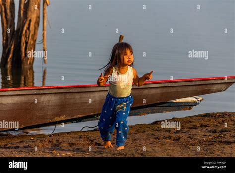 Thakhek Laos April Happy Girl Playing Near The Water In A Remote Rural Area Of Laos