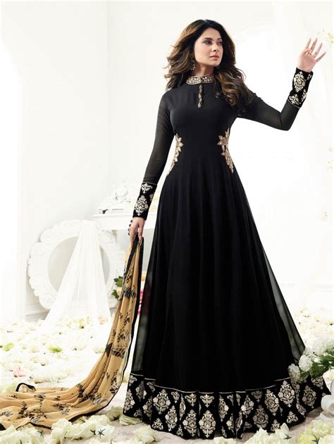 black georgette anarkali suit with embroidery work indian gowns dresses indian fashion