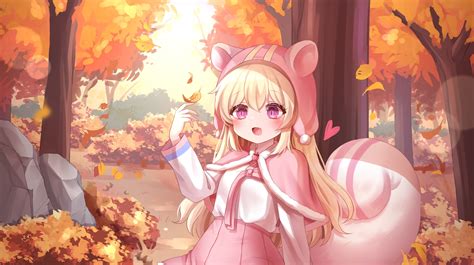 Wallpaper Animal Ears Autumn Blonde Cute Anime Girl Blushes Leaves