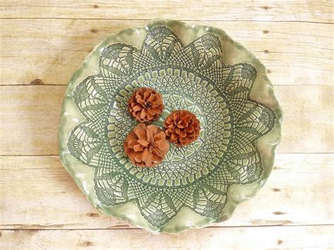 Ceramic Bowl With Lace Doily Beautiful Green Handcrafted Etsy