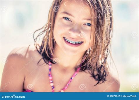 Girl With Teeth Braces Pretty Young Teen Girl With Dental Braces Stock