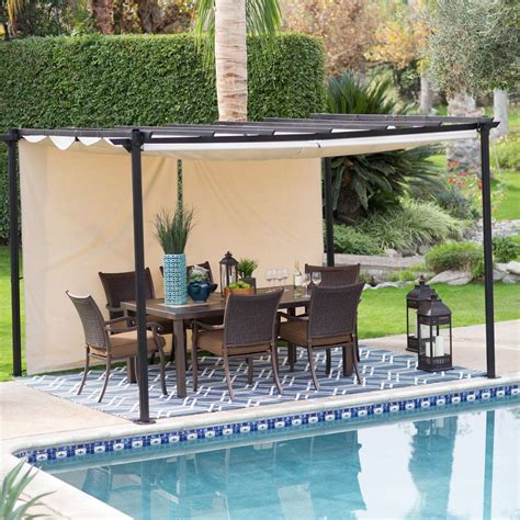 It has a sliding sling canopy and is made with durable steel with a polyester canopy. Metal pergola with retractable awning that allows side and ...