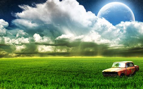 Farm Old Car Moon Clouds Wallpapers Hd Wallpapers Id