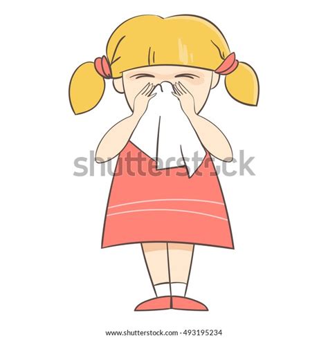 Girl Sneezes Allergies Crying Sick Blow Stock Vector