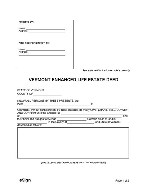 Free Vermont Enhanced Life Estate Deed Form Pdf Word