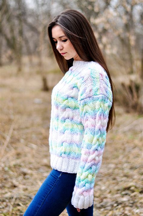Women knitted sweater rainbow color hand made work | Etsy