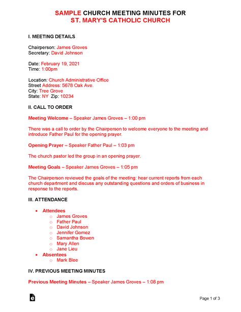 Free Church Meeting Minutes Template Sample Pdf Word Eforms