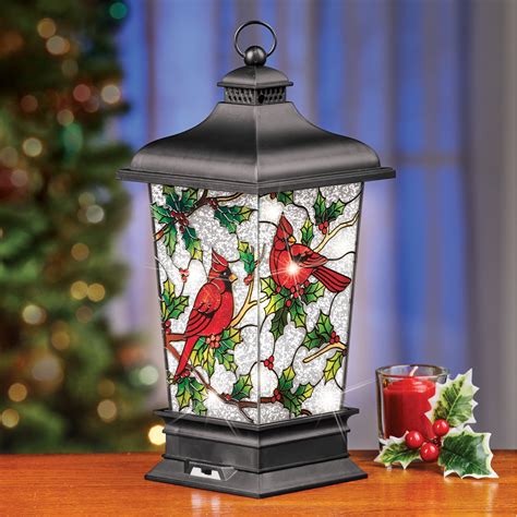 Winter Cardinal Stained Glass Style Led Lantern