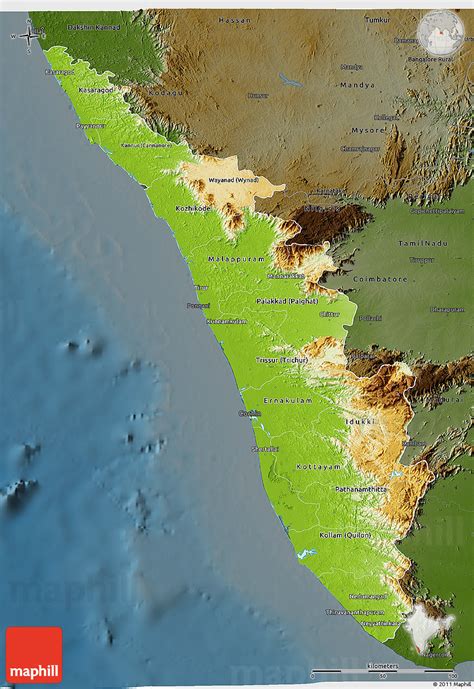 The state has 44 rivers, 27 backwaters (mostly in the form of lakes and ocean inlets), 7 lagoons, 18681 ponds and over 30 lakh wells. Physical 3D Map of Kerala, darken