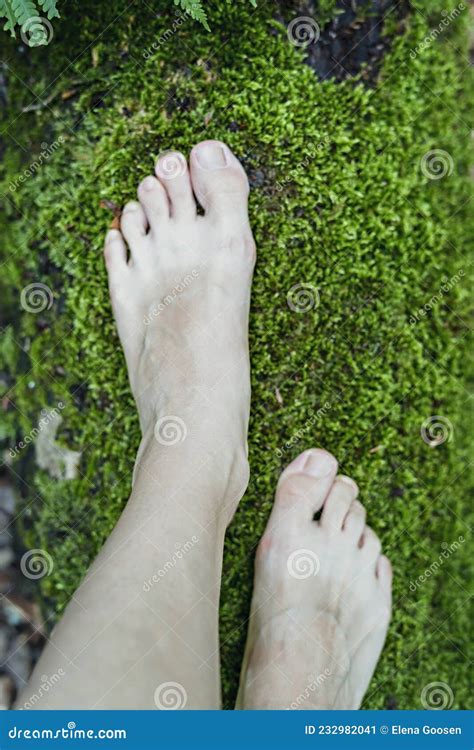 female feet barefoot standing on mossy tree in forest relaxation enjoying in nature woman