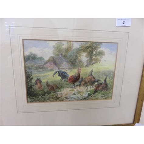 Gilt Framed Watercolour Farmyard And Chickens Signed Geor In