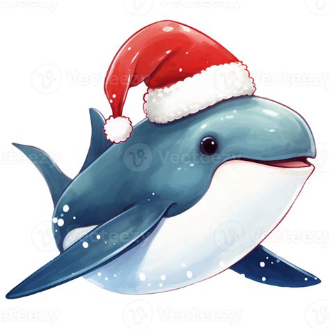 Blue Whale Wear Santa Claus Hat Christmas Theme Watercolor Illustration