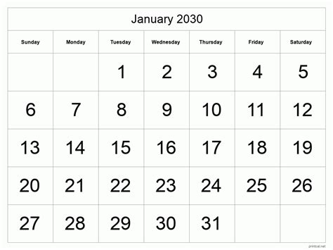 Printable January 2030 Calendar Free Printable Calendars