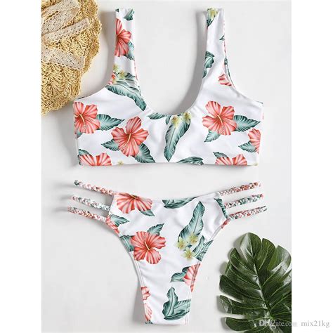 Front Knotted Bikini Set 2018 Floral Braided Bikini High Cut Bikini