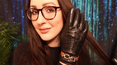 asmr glove girl leather gloves unboxing with hair brushing sounds and soft spoken triggers