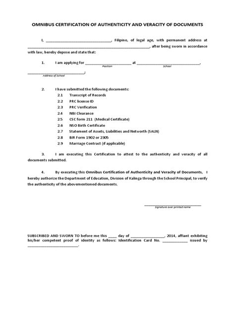 Omnibus Certification Public School Teachers Identity Document