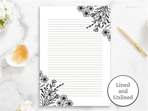 Black And White Floral Lined Paper Printable Stationery Etsy