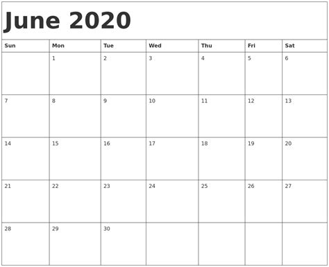 Blank June Calendar Template 2020 Example Calendar Printable