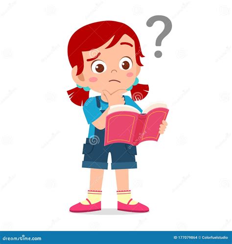 Cute Little Kid Girl Read Book And Confused With Question Mark Vector