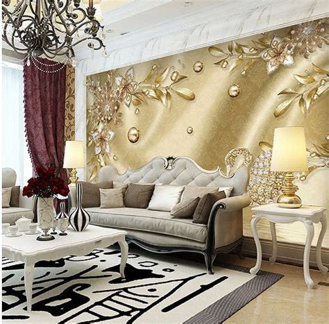 3d Gold Flowers Swans Jewelry Wallpaper Damascus Pattern Wall Mural