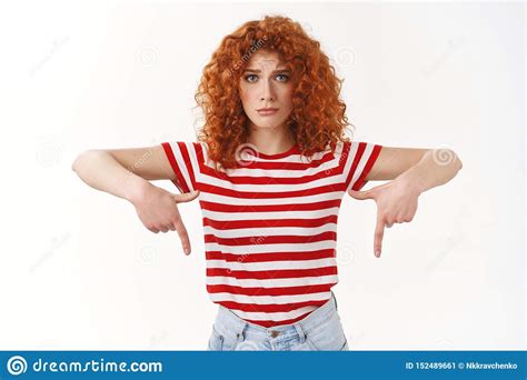 Upset Cute Silly Redhead Curly Girlfriend Complain Pointing Down