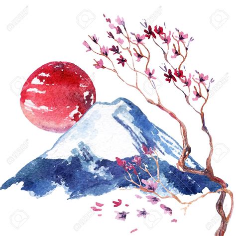 Aquarelle Fleur De Cerisier Japonais Fleurs De Sakura Peintes à La Main Sur Fond De Montagne