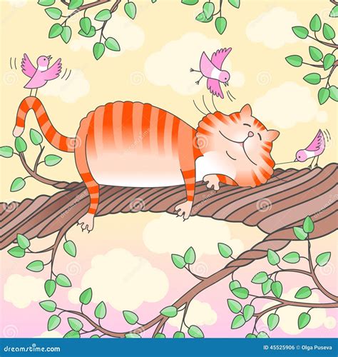 Cat Sleeping On The Tree Stock Vector Illustration Of Funny 45525906