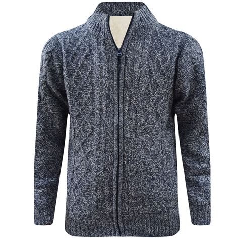 Mens Thermal Insulated Fleece Lined Knitted Zip Up Cardigan Jumper