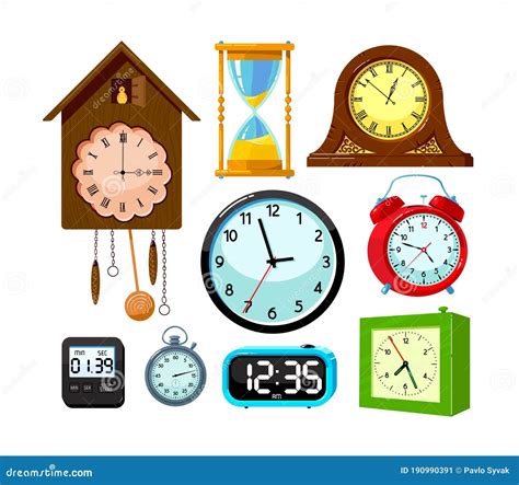 conjunto de iconos de relojes aislados en fondo blanco reloj cucú y reloj de arena y reloj
