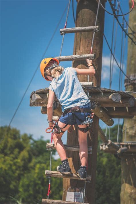Child Having Fun Climbing Up Wooden Ladder In Rope Climbing Centre