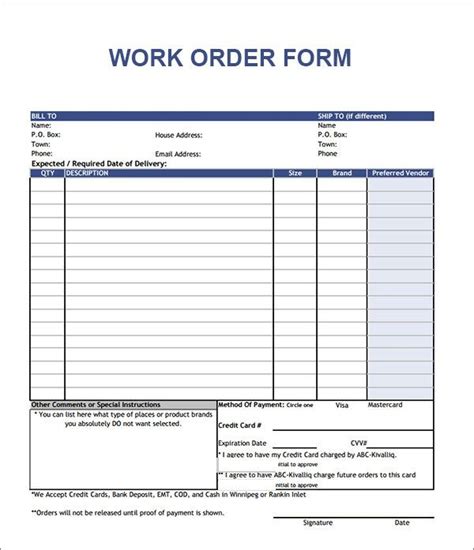 Blank Free Printable Work Order Template