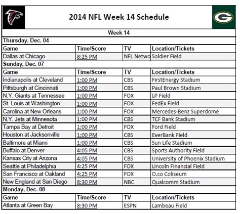 Nfl Schedule Week 14 Printerfriendly