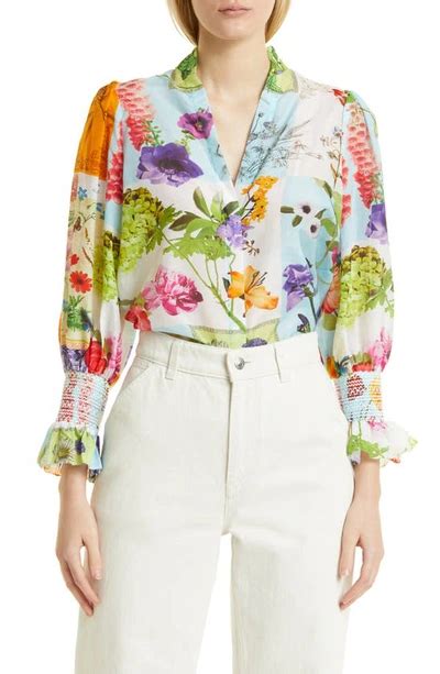 Alice And Olivia Ilan Smocked Sleeve Button Front Blouse In Multicolor