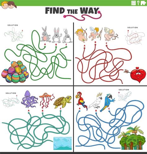 premium vector find the way maze games set with funny cartoon characters