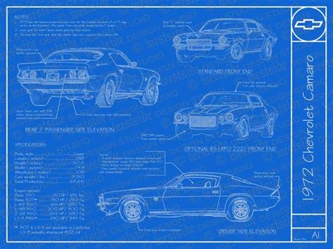 1972 Chevrolet Camaro Blueprint Poster 18x24 Jpeg Etsy