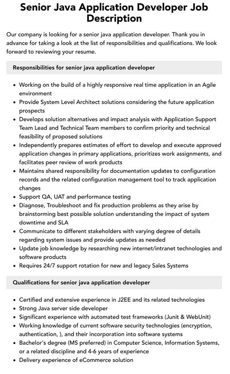 Senior Java Application Developer Job Description Velvet Jobs