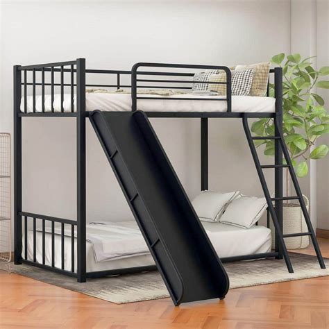Harper And Bright Designs Black Twin Over Metal Bunk Bed With Slide