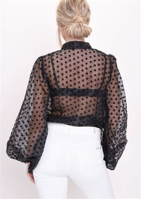 sheer polka dot organza blouse top black polka dot print blouse puff long sleeves fashion