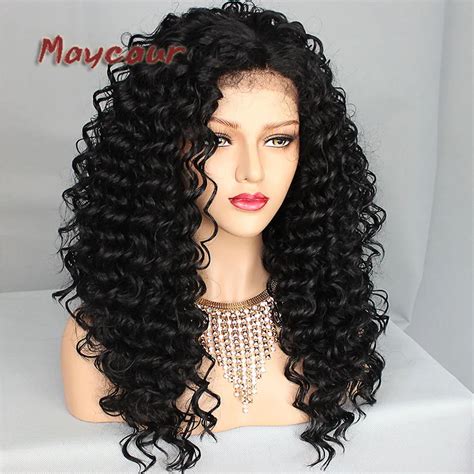 Black Color Afro Curly Wig Heavy Density Synthetic Lace Front Wigs For