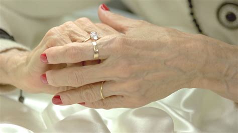 Woman Fingers Touching Ring On Her Finger Old Woman Well Groomed Hands With Luxury Red Manicure