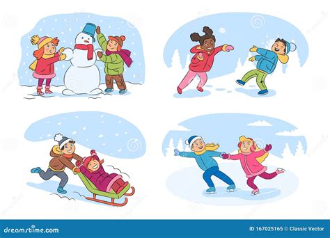 Kids Winter Activities Cartoon Illustrations Set Stock Vector