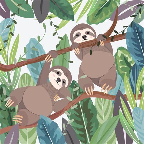 Cute A Couple Sloth In Botanical Tropical Forest 2497333 Vector Art At