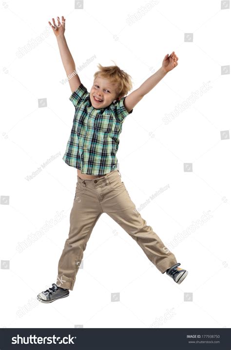 Happy Little Boy Jumping Isolated On White Background Stock Foto
