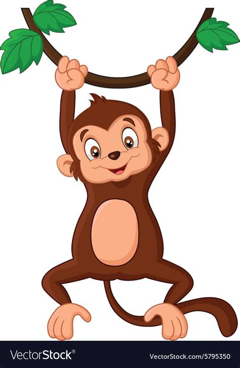 A Cartoon Monkey Hanging From A Tree Branch With Leaves On Its Back Legs